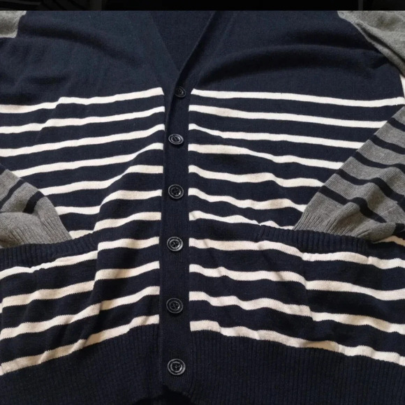 21 men Blue/White solid/ Striped blocking button down cardy Size M - Picture 9 of 11